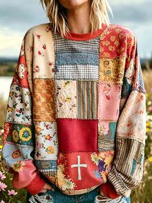 Breezaya Sweatshirt Motif Retro Ukuran Besar untuk Wanita, Potongan Longgar, Bahan Fleece Lembut, Lengan Panjang, Atasan Kasual Motif Berburu Pedesaan untuk Musim Dingin - MultiWarna - View 3