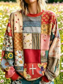 Breezaya Sweatshirt Motif Retro Ukuran Besar untuk Wanita, Potongan Longgar, Bahan Fleece Lembut, Lengan Panjang, Atasan Kasual Motif Berburu Pedesaan untuk Musim Dingin - MultiWarna - View 1