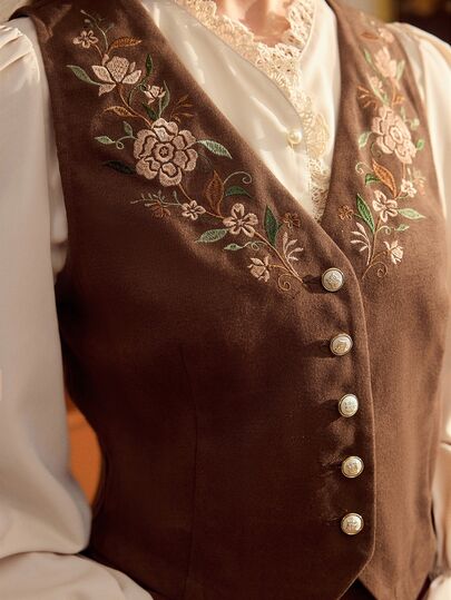 Vintamour Vintage Elegant Women's Blazer Vest, Summer/ Floral Embroidered Button Casual Commute Vacation Holiday Top Everyday High Tea Brown Floral Beige