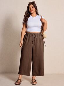 Elaquor Plus Size Women's Solid Color Tie Waist Wide Leg Pants - Coffee Brown - View 5