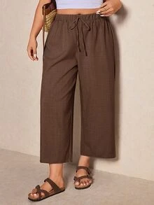 Elaquor Plus Size Women's Solid Color Tie Waist Wide Leg Pants - Coffee Brown - View 2