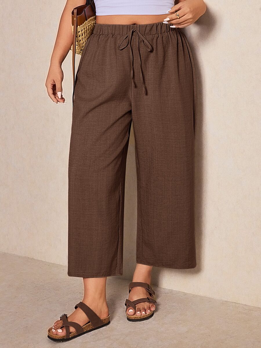 Elaquor Plus Size Women's Solid Color Tie Waist Wide Leg Pants