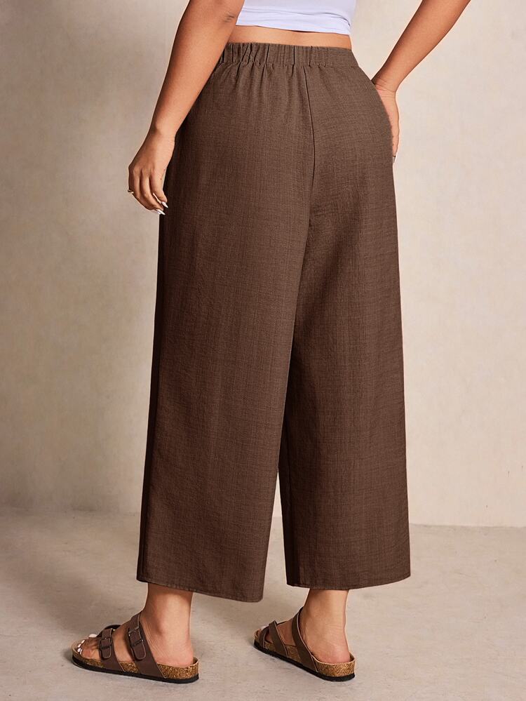 Elaquor Plus Size Women's Solid Color Tie Waist Wide Leg Pants - Coffee Brown - View 2