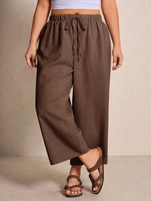 Elaquor Plus Size Women's Solid Color Tie Waist Wide Leg Pants - Coffee Brown - View 4