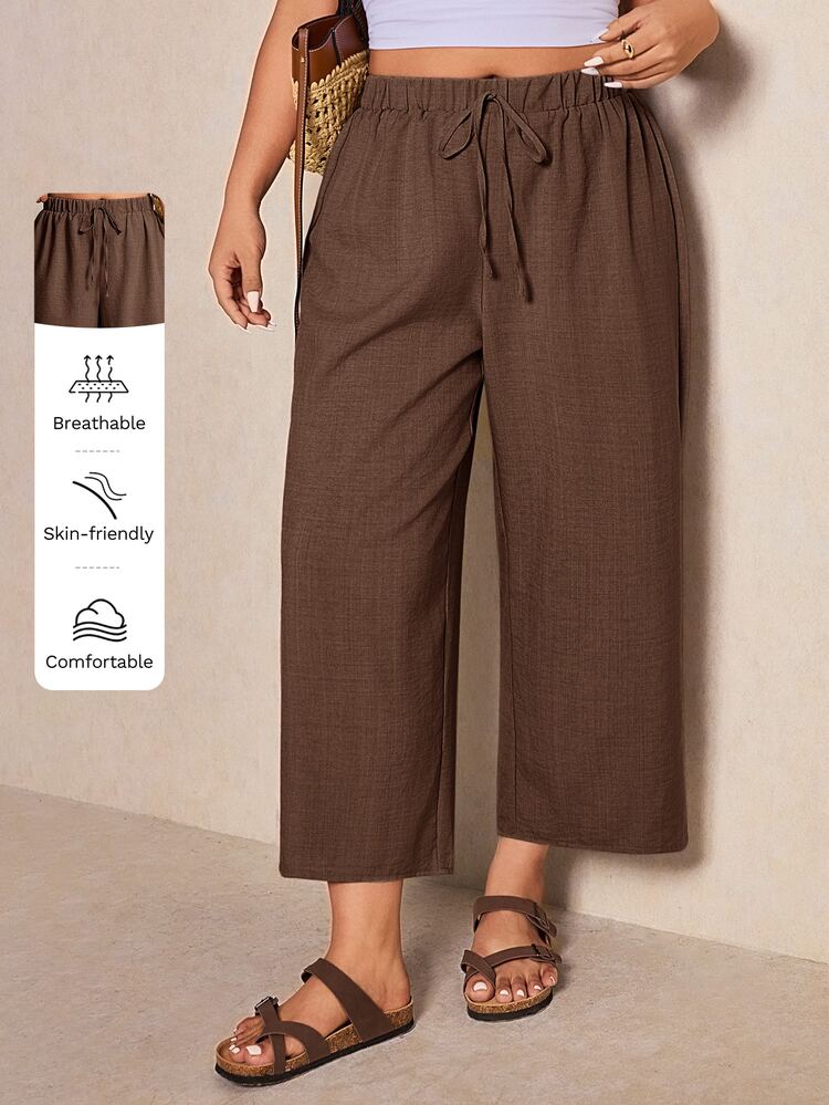 Elaquor Plus Size Women's Solid Color Tie Waist Wide Leg Pants - Coffee Brown - View 7