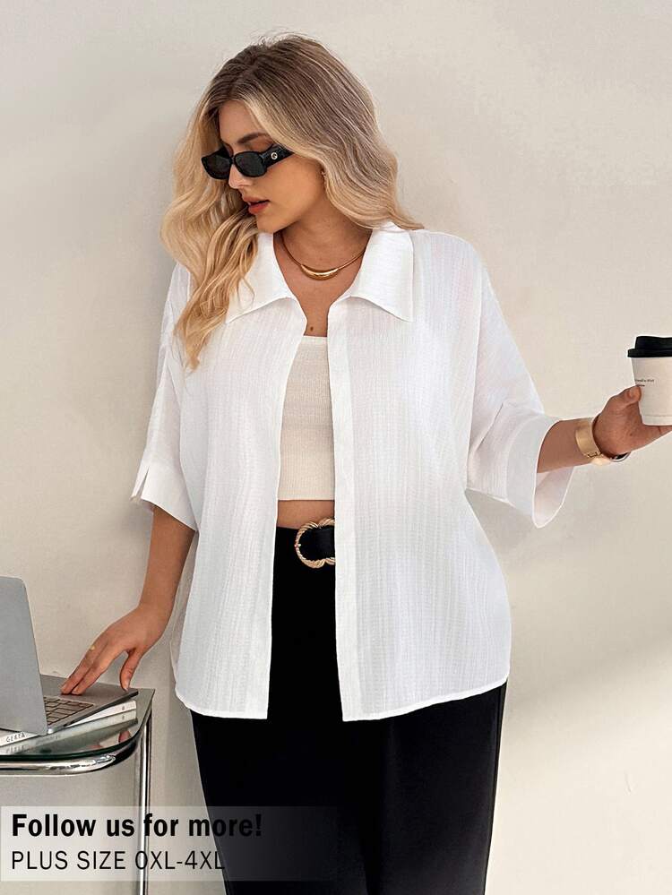 Auralis Plus Size White Summer Silky Smart Casual Elegant Office Formal Blouse,Women's Solid Batwing 3/4 Sleeve Textured Fabric Shirt,Business Teachers' Day - White - View 6