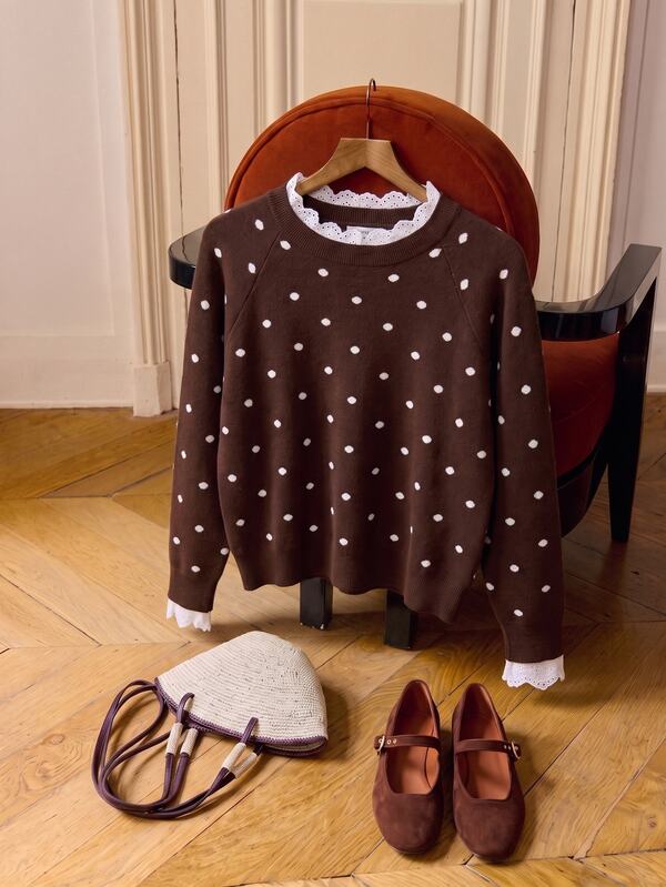 Elaquor Sweater Kasual Motif Polkadot dan Renda Ukuran Besar untuk Musim Gugur/Dingin