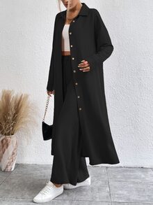 EMERY ROSE Solid Button Front Shirt & Wide Leg Pants - Black - View 3