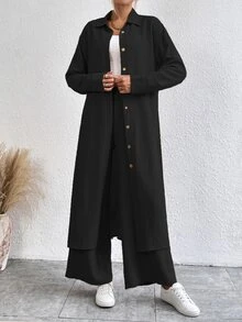 EMERY ROSE Solid Button Front Shirt & Wide Leg Pants - Black - View 6