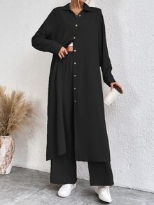EMERY ROSE Solid Button Front Shirt & Wide Leg Pants - Black - View 7