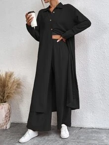 EMERY ROSE Solid Button Front Shirt & Wide Leg Pants - Black - View 5