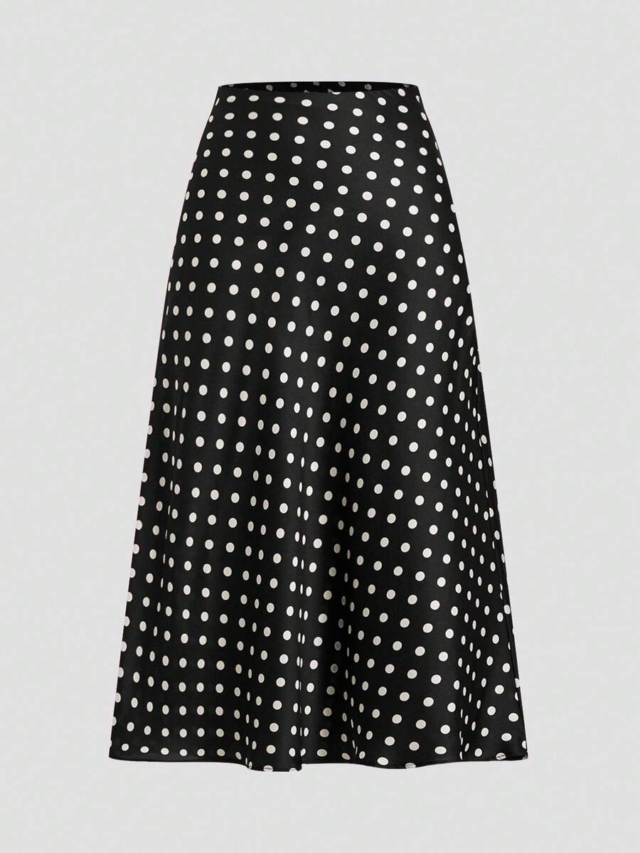 Firerie Plus Size Polka Dot Print Casual Elegant Skirt/ Spring To Summer Office Formal Vacation Black And White