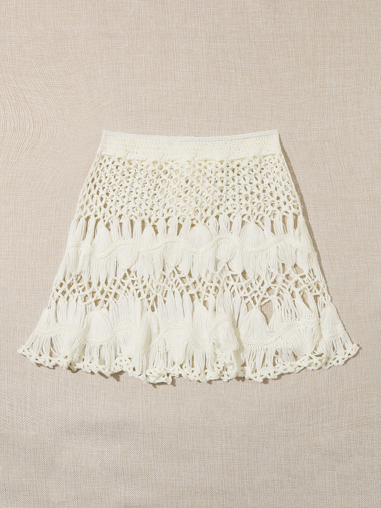 Swim Mod Summer Beach Tie Waist Crochet Cover Up Skirt - Beige - View 4
