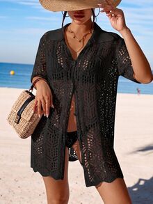 Swim Vcay Summer Beach Hollow Out Button Front Kimono - Black - View 6