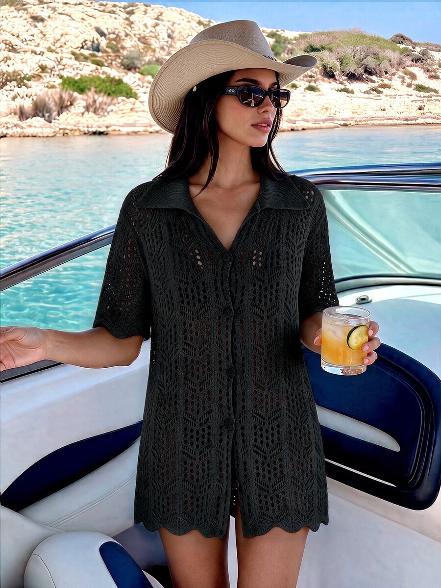 Swim Vcay Summer Beach Hollow Out Button Front Kimono