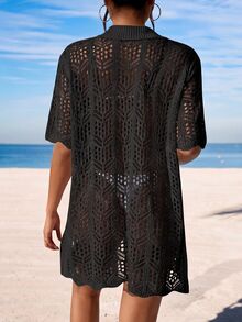 Swim Vcay Summer Beach Hollow Out Button Front Kimono - Black - View 3
