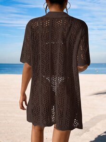 Swim Vcay Vacation Beach Solid Color Hollow Knit Kimono Cover-Up - Coffee Brown - View 2