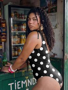 Swim Vcay Plus Size Women's Polka Dot Print Deep V Sexy One-Piece Swimsuit For Vacation - Black and White - View 2