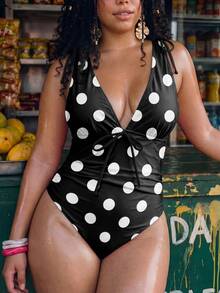 Swim Vcay Plus Size Women's Polka Dot Print Deep V Sexy One-Piece Swimsuit For Vacation - Black and White - View 4