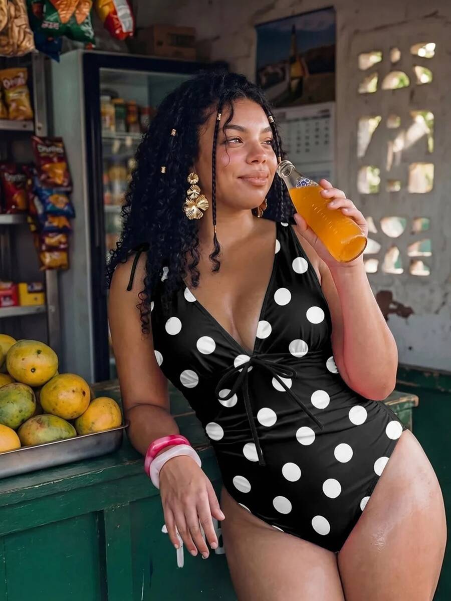 Swim Vcay Plus Size Women's Polka Dot Print Deep V Sexy One-Piece Swimsuit For Vacation - Black and White - View 1