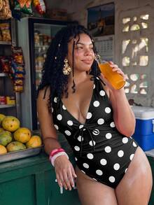 Swim Vcay Plus Size Women's Polka Dot Print Deep V Sexy One-Piece Swimsuit For Vacation - Black and White - View 6