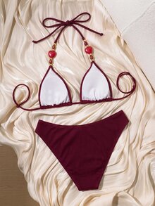 SHEIN Swim 女款純色性感熱帶掛脖比基尼套裝，適合海灘度假、假期與派對，酒紅色夏季款 - 酒紅色 - 查看 2