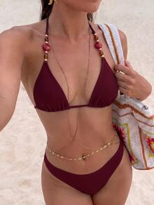 SHEIN Swim 女款純色性感熱帶掛脖比基尼套裝，適合海灘度假、假期與派對，酒紅色夏季款 - 酒紅色 - 查看 5