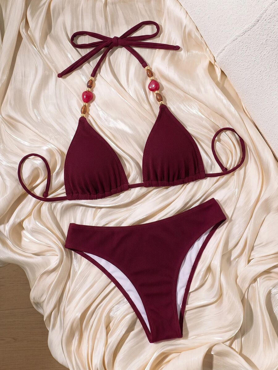 SHEIN Swim 女款純色性感熱帶掛脖比基尼套裝,適合海灘度假、假期與派對,酒紅色夏季款 - 酒紅色 - 查看 1
