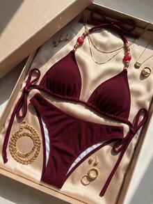 SHEIN Swim 女款純色性感熱帶掛脖比基尼套裝，適合海灘度假、假期與派對，酒紅色夏季款 - 酒紅色 - 查看 4