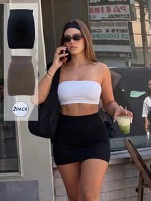 SHEIN Dewbera تنورة نسائية مقاس كبير باللون الأسود مع خطوط عمودية مضلعة وخصر عالي ضيقة، تنورة مرنة بدون خياطة لتنحيف الجسم، تنورة قلم أساسية بلون موحد - متعدد الألوان - مشاهدة 1