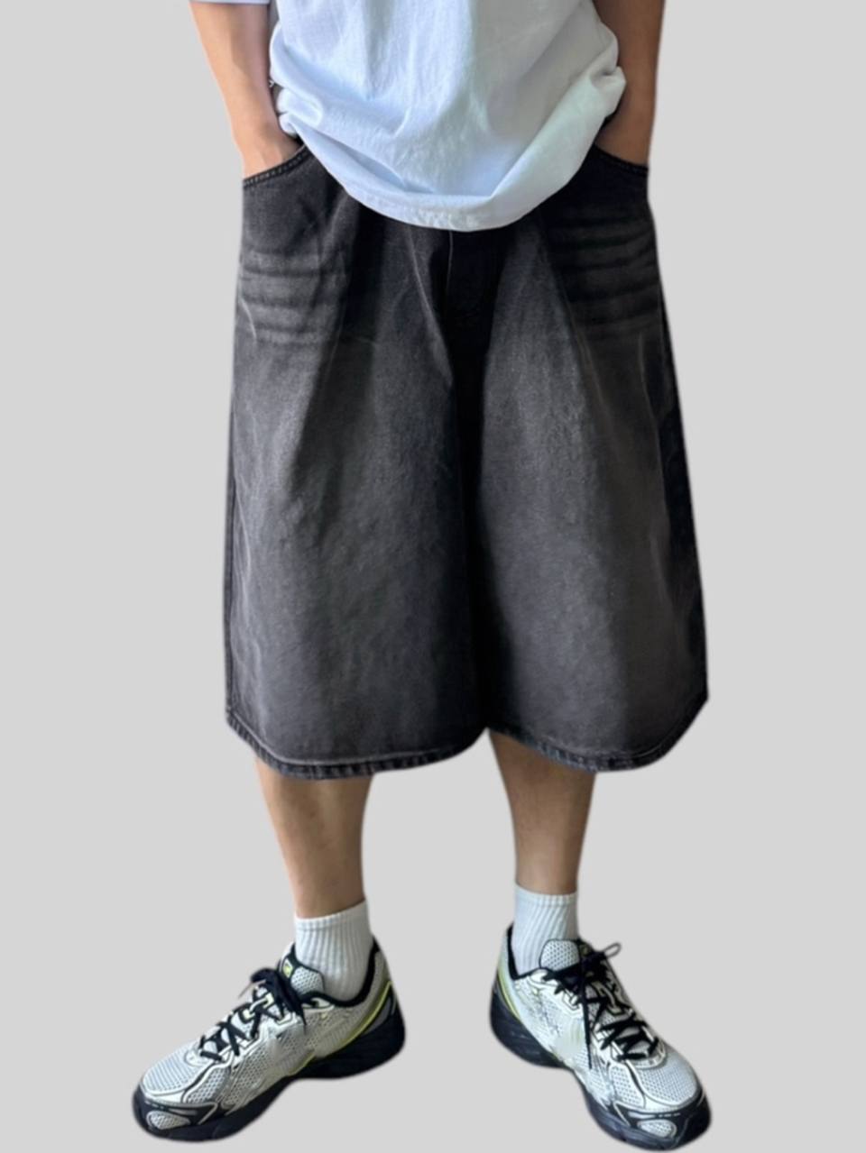 Black Washed Distressed Elastic Waist Men's Denim Shorts