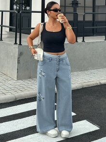 Dazy Plus 時尚休閒拼色拼接腰帶三鈕扣裝飾寬鬆直筒長版大尺碼女款牛仔褲四季秋季 - 淺色水洗藍 - 查看 4