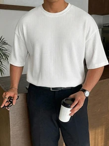DAZY 夏季白色羅紋布料短袖男士大尺碼T恤 - 白色 - 查看 6
