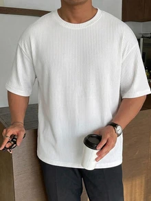 DAZY 夏季白色羅紋布料短袖男士大尺碼T恤 - 白色 - 查看 4