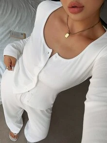 Dazy Plus 2pcs Solid Color Casual Long Pants & White Fitted Long Sleeve Top Loungewear Set, Spring Summer Autumn Pajamas - White - View 6