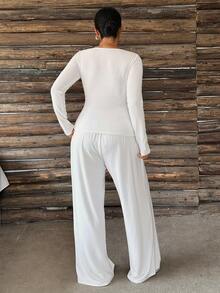 Dazy Plus 2pcs Solid Color Casual Long Pants & White Fitted Long Sleeve Top Loungewear Set, Spring Summer Autumn Pajamas - White - View 5