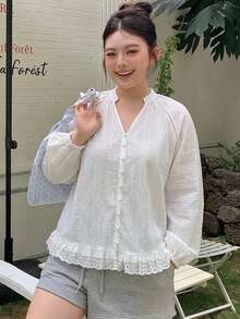 Dazy Plus 女款大尺碼連帽長袖寬鬆紋理布料蕾絲拼接休閒度假風正裝夾克 春夏秋季 - 白色 - 查看 3