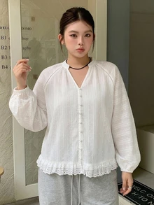 Dazy Plus 女款大尺碼連帽長袖寬鬆紋理布料蕾絲拼接休閒度假風正裝夾克 春夏秋季 - 白色 - 查看 5