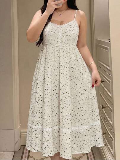 Dazy Plus Floral Pattern Lace Patchwork Sleeveless Spaghetti Strap Cinched Waist Elegant Loungewear Dress