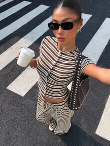 Muchica 2件組女款棕色條紋單排扣短袖上衣與抽繩腰長褲休閒日常套裝，適合早午餐與夏季 - 咖啡棕 - 查看 5