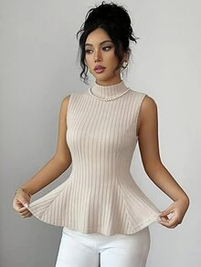 Elenzga Women's Solid Color Stand Collar Ribbed Tank Top With Ruffle Hem Brunch Tea Party Apricot Summer Mature Elegant - Apricot - View 3
