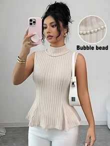 Elenzga Women's Solid Color Stand Collar Ribbed Tank Top With Ruffle Hem Brunch Tea Party Apricot Summer Mature Elegant - Apricot - View 1