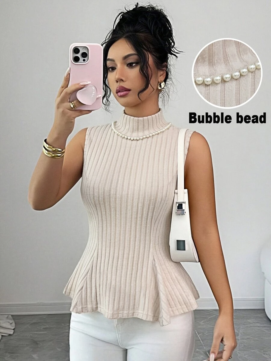 Elenzga Women's Solid Color Stand Collar Ribbed Tank Top With Ruffle Hem Brunch Tea Party Apricot Summer Mature Elegant - Apricot - View 1