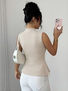 Elenzga Women's Solid Color Stand Collar Ribbed Tank Top With Ruffle Hem Brunch Tea Party Apricot Summer Mature Elegant - Apricot - View 2
