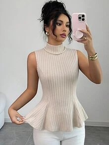 Elenzga Women's Solid Color Stand Collar Ribbed Tank Top With Ruffle Hem Brunch Tea Party Apricot Summer Mature Elegant - Apricot - View 5