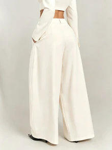 SHEIN BAE Women's Solid Color Pleated Wide Leg Loose Fit Suit Pants With Pockets - Apricot - View 2