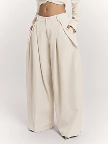 SHEIN BAE Women's Solid Color Pleated Wide Leg Loose Fit Suit Pants With Pockets - Apricot - View 5