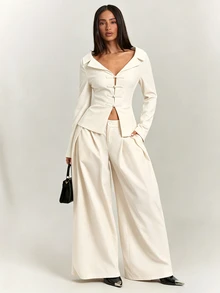 SHEIN BAE Women's Solid Color Pleated Wide Leg Loose Fit Suit Pants With Pockets - Apricot - View 1