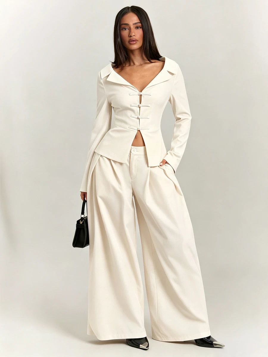 SHEIN BAE Women's Solid Color Pleated Wide Leg Loose Fit Suit Pants With Pockets - Apricot - View 1
