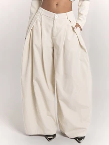 SHEIN BAE Women's Solid Color Pleated Wide Leg Loose Fit Suit Pants With Pockets - Apricot - View 4
